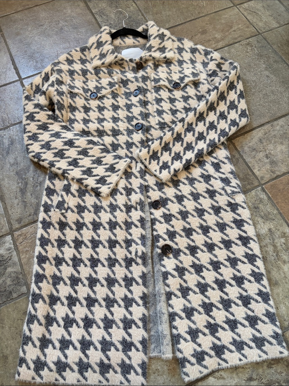 NVLT Cream & Gray Houndstooth Long Pea Coat